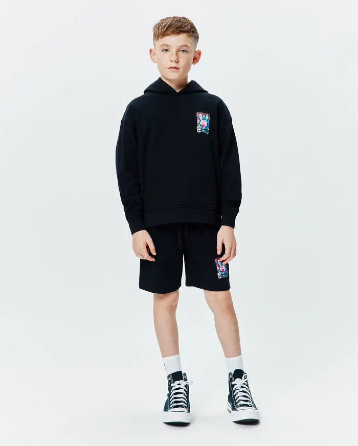Black Kids Isaac Print Hoodie and matching shorts, relaxed fit french terry, featuring a small colorful Psycho Bunny skull logo print on the left chest and left thigh.
