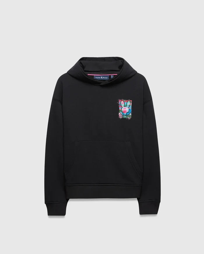 Kids Isaac Print Hoodie, black relaxed fit french terry hoodie with a vibrant pink, blue, green, and white graphic Psycho Bunny skull logo on the left chest and a kangaroo pocket.