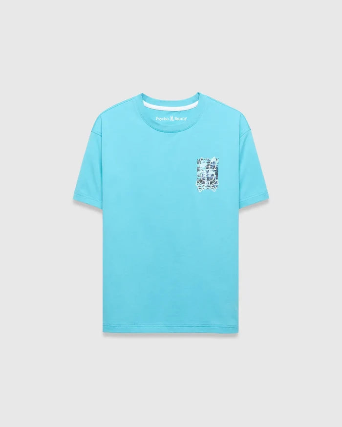 Kids Isaac Relaxed Fit Tee in aqua jersey, featuring a small Psycho Bunny text logo on the back neck and a chest pocket with a distressed bunny skull graphic print.