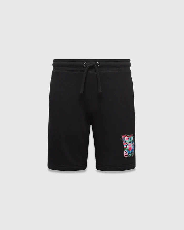 Kids Isaac Print Short, black french terry with a relaxed fit, featuring a vibrant multi-color graffiti Psycho Bunny skull logo print on the left thigh and a drawstring waist.