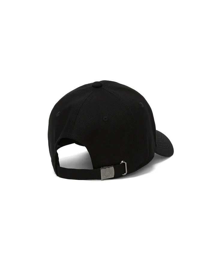 Kids Jaydon Baseball Cap in black cotton twill, featuring an adjustable strap with a gunmetal buckle engraved with the iconic Psycho Bunny skull logo at the back.