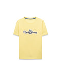 Kids Jaydon Wordmark Graphic Tee, a classic fit pale yellow jersey t-shirt featuring a large central chest graphic of the Psycho Bunny wordmark and skull logo in black, white, and blue.