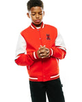 Kids Joey Knit Bomber, a red varsity jacket with white contrast sleeves, classic fit, ribbed collar, cuffs, and hem with black and white stripes, and an embroidered Psycho Bunny skull logo on the left chest.