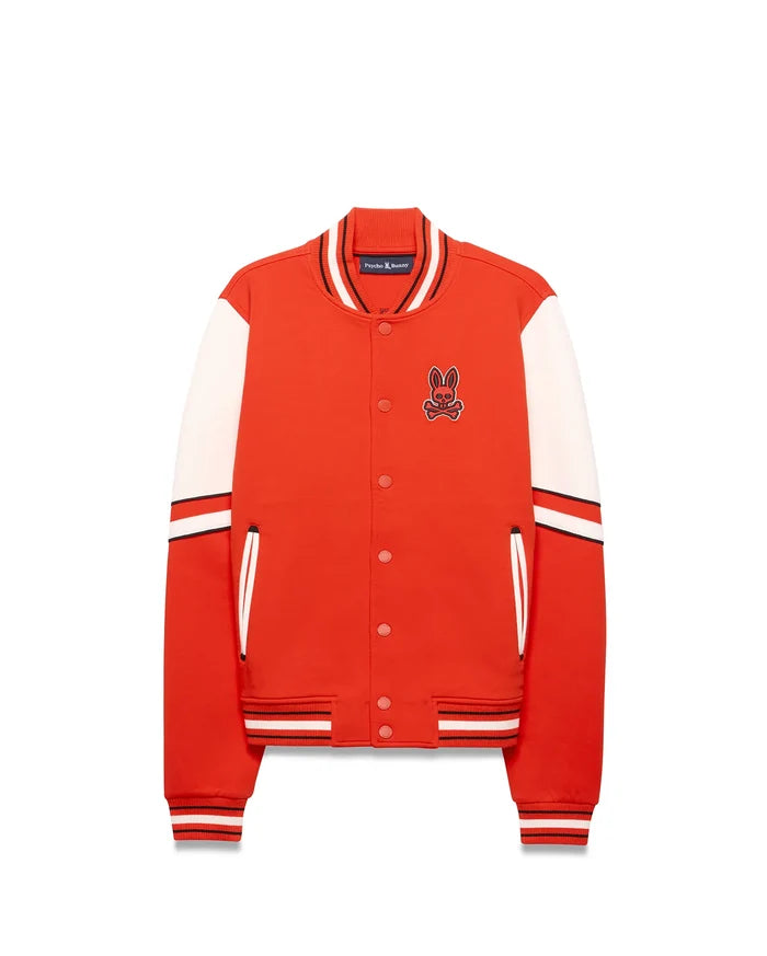 Kids Joey Knit Bomber in red with white sleeves, classic fit, ribbed striped collar, cuffs, and hem, snap button closure, and an embroidered Psycho Bunny skull logo on the left chest.