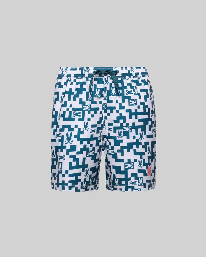 Kids Josh Swim Trunk, white with a teal pixelated geometric pattern and repeating small bunny skull logos, featuring a small embroidered pink Psycho Bunny logo on the left leg, relaxed fit.