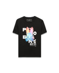 Kids Kenji Graphic Tee, black jersey knit t-shirt with a classic fit, featuring a large central holographic rainbow Psycho Bunny skull graphic and white brand text.