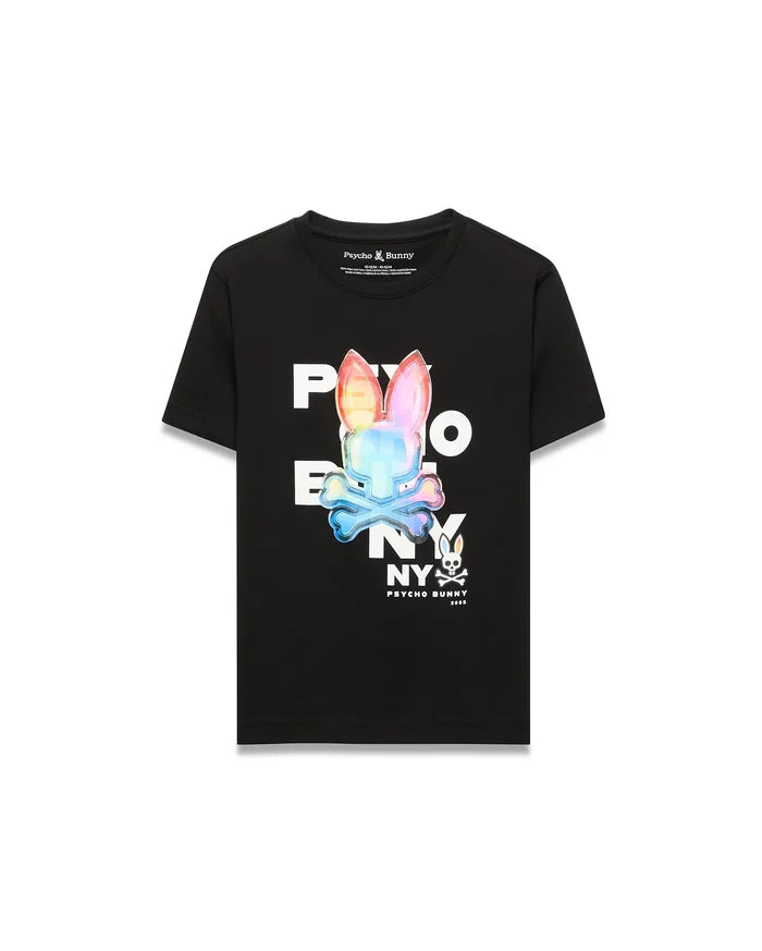 Kids Kenji Graphic Tee, black jersey knit t-shirt with a classic fit, featuring a large central holographic rainbow Psycho Bunny skull graphic and white brand text.
