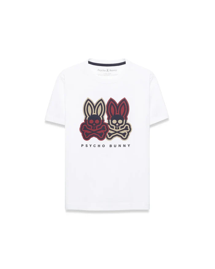 White Kids Ledger Graphic Tee with a classic fit, featuring a large chest graphic of two Psycho Bunny skull logos in red/tan and navy/tan, made from soft jersey knit.