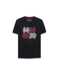 Kids Ledger Graphic Tee. Black classic fit jersey t-shirt with a large central graphic featuring two outlined Psycho Bunny skull logos in white and burgundy, with Psycho Bunny text below.