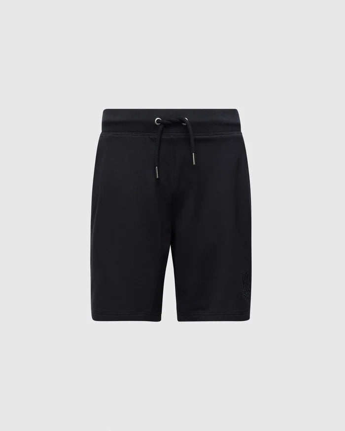 Psycho Bunny's Kids Levanzo French Terry Sweatshort (B0R578F200) features a micro French Terry fabric in black, with an elastic waistband and drawstring. A subtle logo adorns the lower left leg, set elegantly against a light gray background.