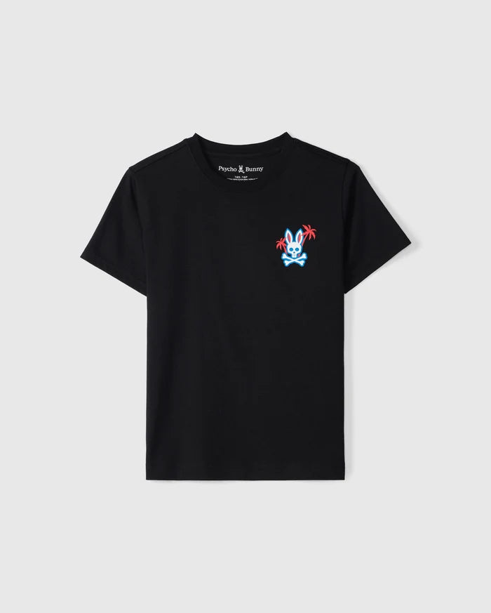 The KIDS LOS ANGELES CITY TEE - B0U861A2PC by Psycho Bunny is a black, short-sleeved, round-neck T-shirt made from Peruvian Pima cotton. It features a small, colorful graphic design of a rabbit wearing sunglasses and holding palm leaves on the left chest area, with vibrant red and blue colors that stand out brilliantly.