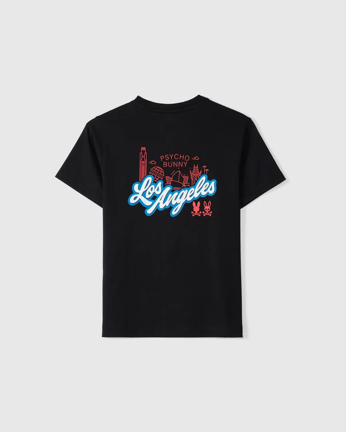 The KIDS LOS ANGELES CITY TEE - B0U861A2PC by Psycho Bunny features a luxurious Peruvian Pima cotton black T-shirt with "Los Angeles" boldly printed in white and blue font across the back. Above the text, decorative red line drawings of landmarks and symbols accompanied by "Psycho Bunny" add extra flair. Additionally, two small bunny logos embellish the bottom right corner.