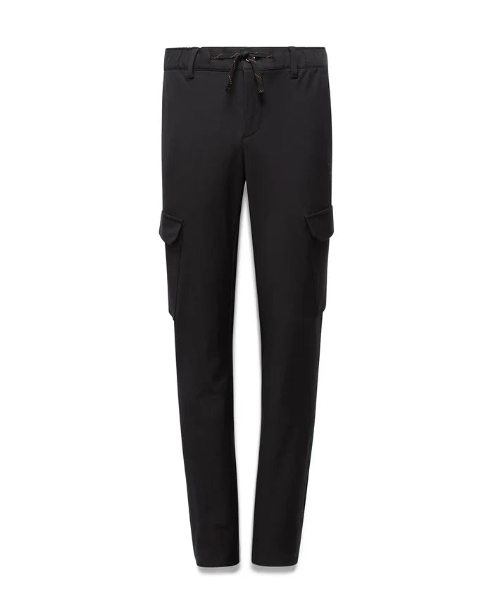 Black Kids Luka Cargo Pant with a relaxed fit, featuring side cargo pockets and an elasticated waist with an orange and brown speckled drawstring, made from smooth woven fabric.