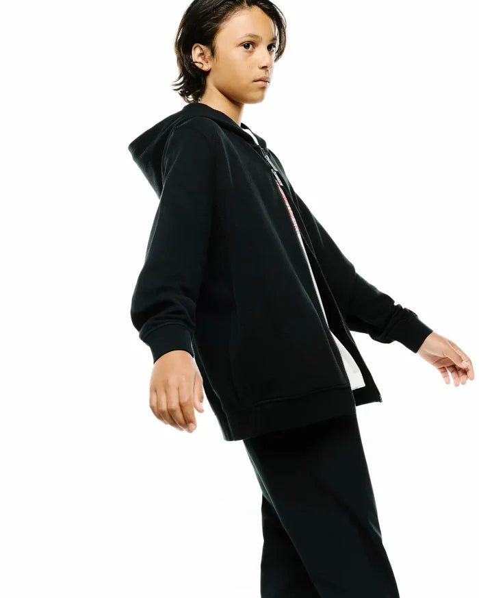 Kids Marc Textured Full Zip Hoodie in black, featuring a textured knit fabric, a full white zipper with a subtle red accent stripe, and a relaxed fit with ribbed cuffs and hem.