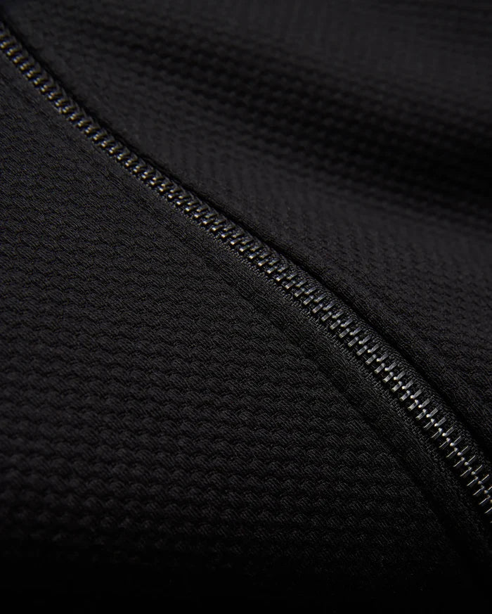 Kids Marc Textured Full Zip Hoodie in deep black, crafted from a refined textured knit fabric, featuring a prominent metallic silver full-zip closure.