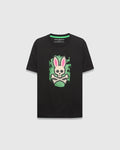 Kids Marcus Bunny Graphic Tee, a black classic fit jersey t-shirt featuring a large distressed neon green and pink Psycho Bunny skull graphic on the chest, with a green inner collar trim.