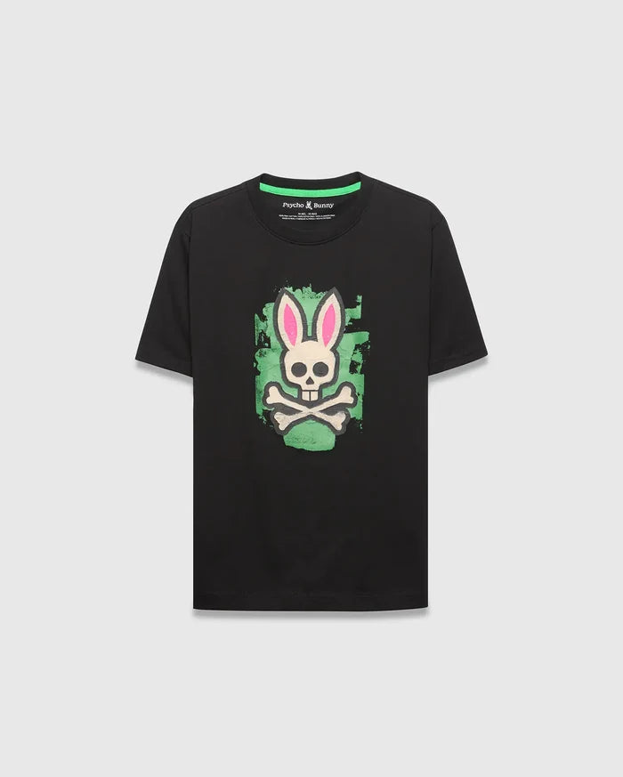 Kids Marcus Bunny Graphic Tee, a black classic fit jersey t-shirt featuring a large distressed neon green and pink Psycho Bunny skull graphic on the chest, with a green inner collar trim.