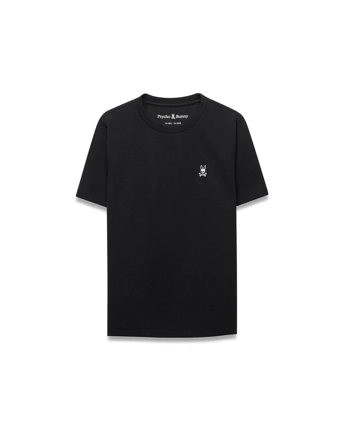 Kids Maxton Waffle Tee, a black classic fit t-shirt featuring a textured waffle knit fabric and a small white embroidered Psycho Bunny skull logo on the left chest.
