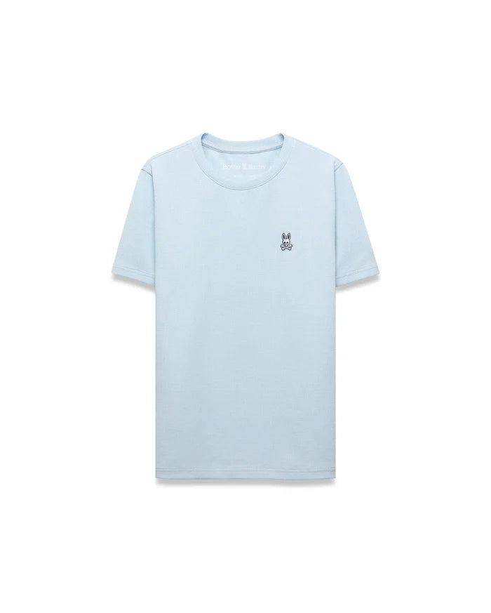 Kids Maxton Waffle Tee, a light blue classic fit t-shirt with a waffle knit texture and a small embroidered Psycho Bunny skull logo on the left chest.