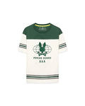 Kids Mike Graphic Jersey Tee in dark green and cream jersey, featuring a classic fit, color-block design, striped sleeves and hem, and a large central Psycho Bunny globe graphic print with skull logos.