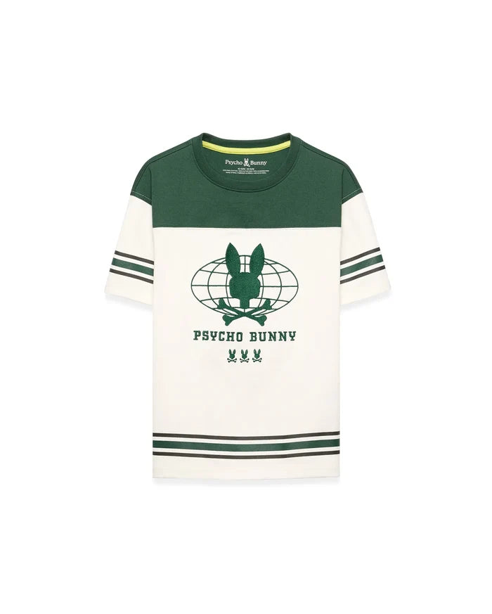 Kids Mike Graphic Jersey Tee in dark green and cream jersey, featuring a classic fit, color-block design, striped sleeves and hem, and a large central Psycho Bunny globe graphic print with skull logos.