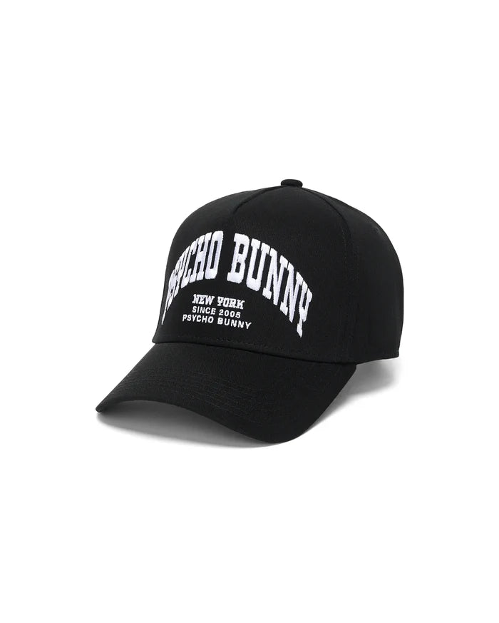Black Kids Nathaniel A-Frame Trucker Cap with bold white arched embroidered Psycho Bunny New York Since 2005 text prominently on the front, showcasing premium streetwear style.