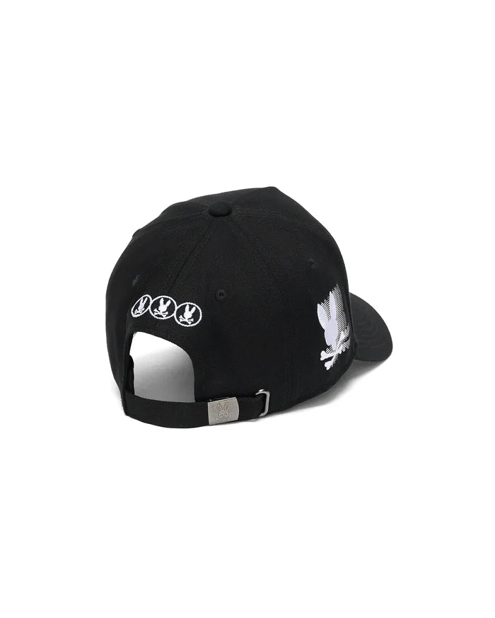 Black Kids Nathaniel A-Frame Trucker Cap with a large white embroidered Psycho Bunny skull logo on the side, three smaller white logos on the back, and a silver buckle featuring an engraved bunny skull.