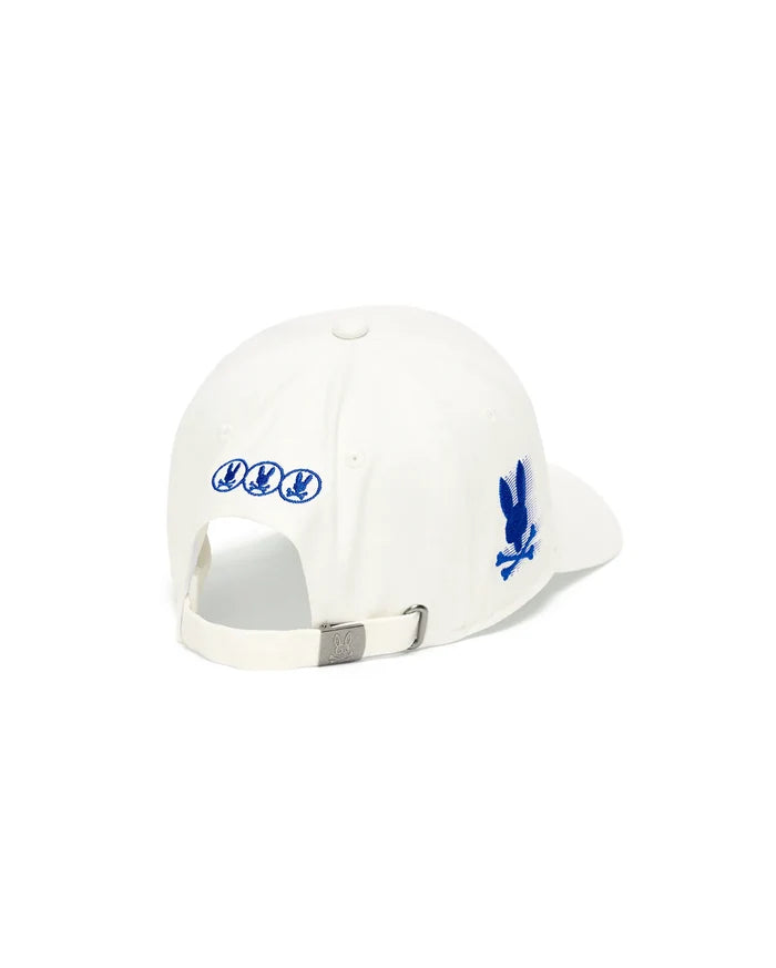 White Kids Nathaniel A-Frame Trucker Cap featuring a prominent blue embroidered Psycho Bunny skull logo on the right side, three smaller blue logos on the back, and an engraved logo on the metal buckle closure.