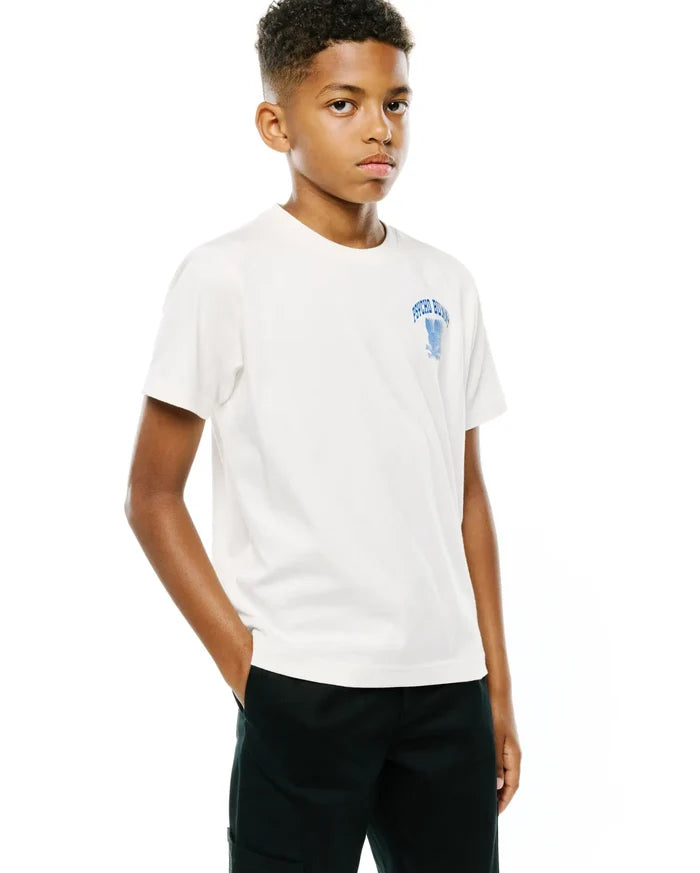 Kids Nathaniel Back Graphic Tee, a classic fit white jersey t-shirt with a small blue Psycho Bunny text and striped skull logo on the left chest, featuring a larger back graphic.