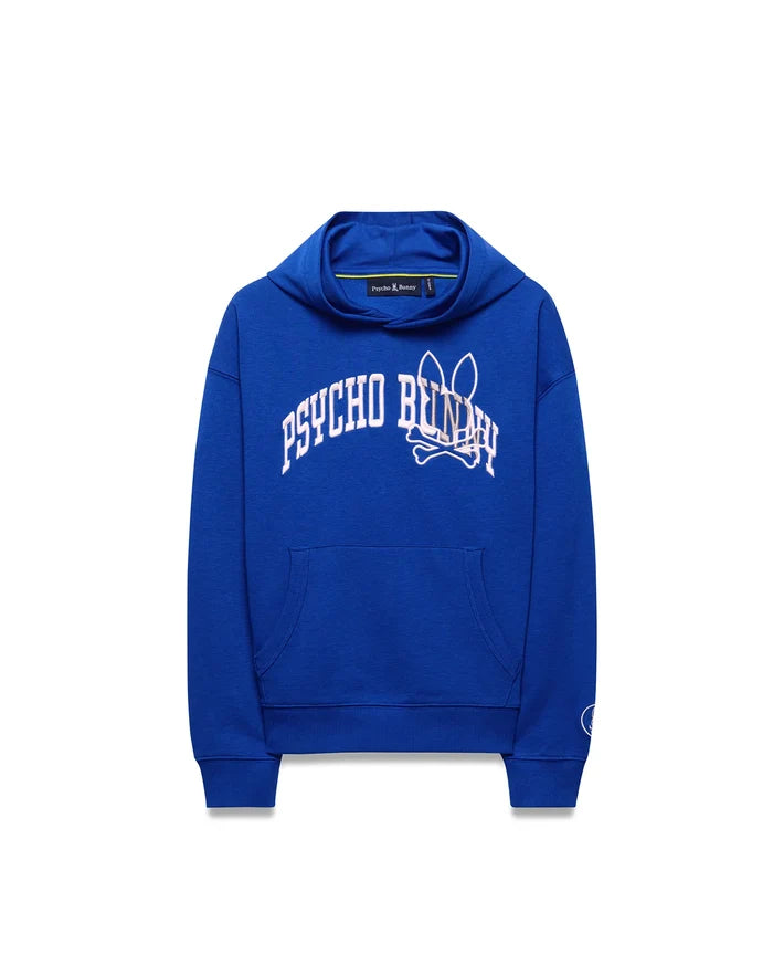 Kids Nathaniel Relaxed Hoodie in royal blue French terry, with a large white arched PSYCHO BUNNY skull logo graphic on the chest, kangaroo pocket, and small sleeve logo.