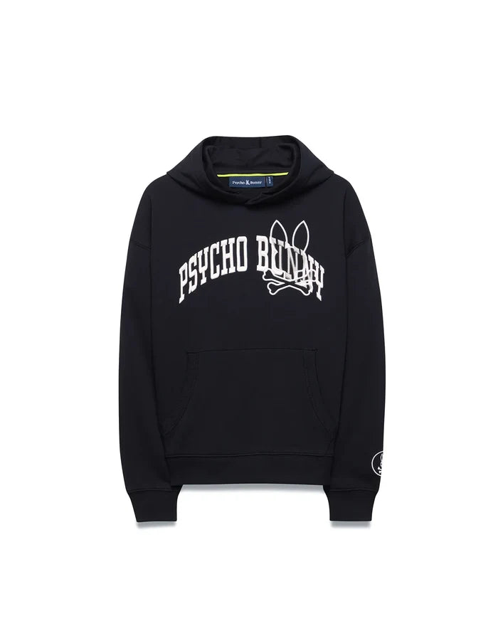 Kids Nathaniel Relaxed Hoodie in black, featuring a white arched PSYCHO BUNNY text and large bunny skull logo on the chest, with a kangaroo pocket and small circular logo on the left sleeve.