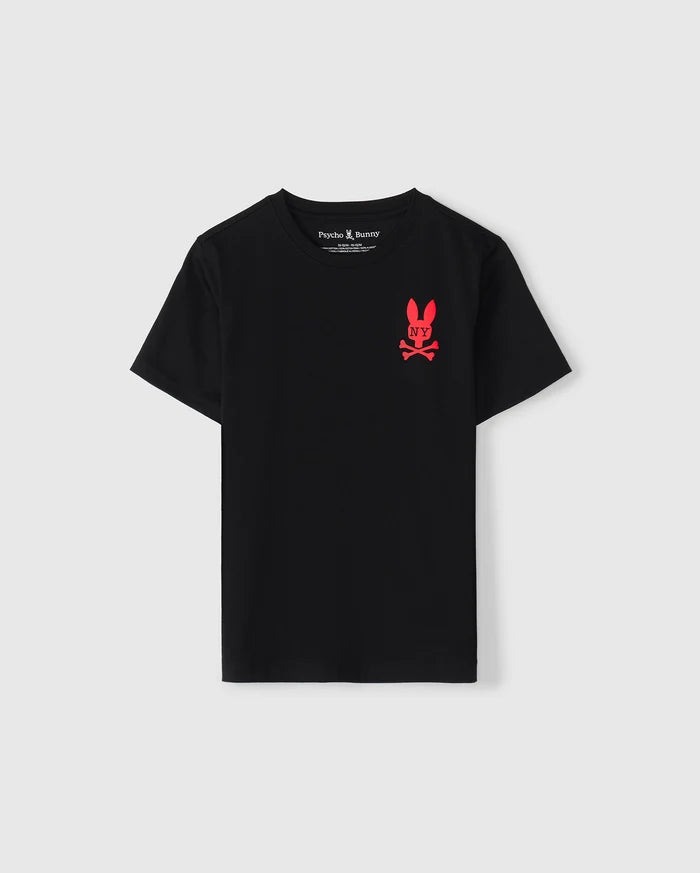 This black KIDS NEW YORK CITY TEE - B0U554W1PC by Psycho Bunny is crafted from premium Pima cotton. It features a striking red graphic on the left chest, showcasing a skull and crossbones design with playful bunny ears.