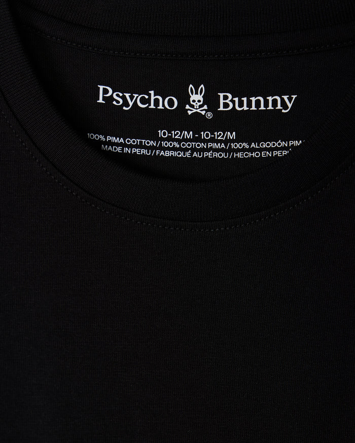 Close-up of the collar on the KIDS NEW YORK CITY TEE - B0U554W1PC in black, featuring the Psycho Bunny logo and text printed inside. This tee is crafted from 100% Pima cotton, ensuring exceptional softness and quality, and is proudly made in Peru.