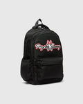 Kids Pal Backpack in black durable nylon, featuring a large central embroidered Psycho Bunny skull logo with red and white accents, a front zip pocket, and side mesh pocket.