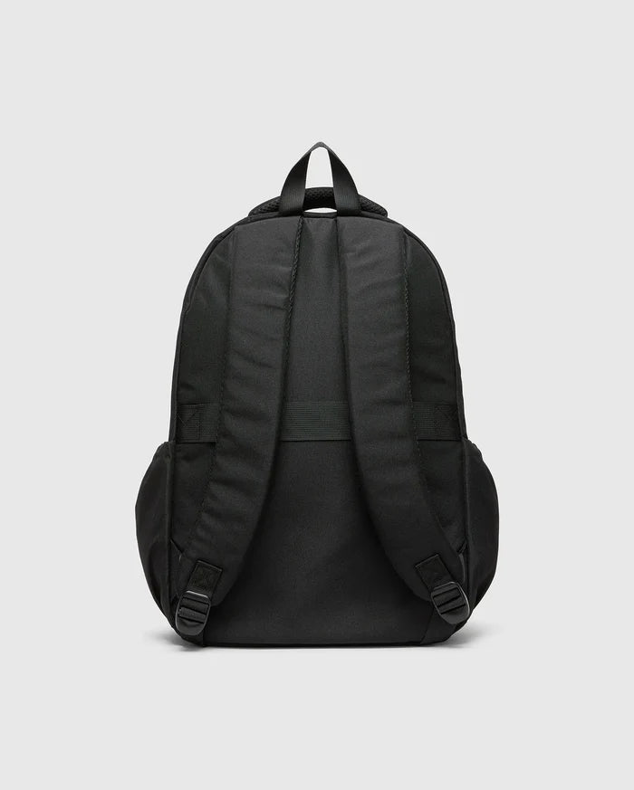 Psycho Bunny Kids Pal Backpack in black, featuring padded shoulder straps, a top carry handle, and adjustable bottom straps, crafted from durable fabric.
