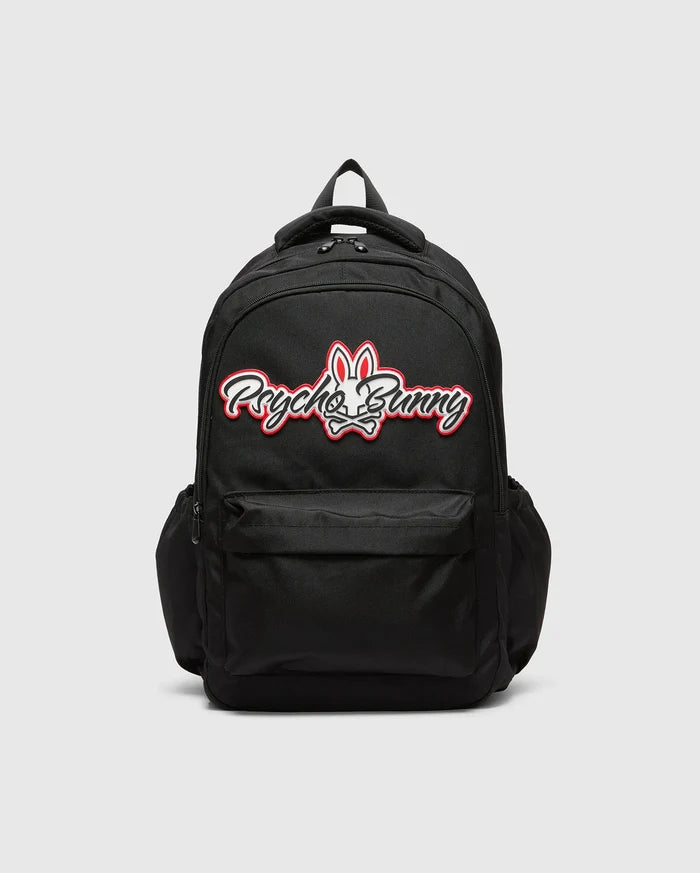 Black KIDS PAL BACKPACK with a large, centered white and red Psycho Bunny skull logo, featuring a front zip pocket and side pockets, made from durable woven fabric.