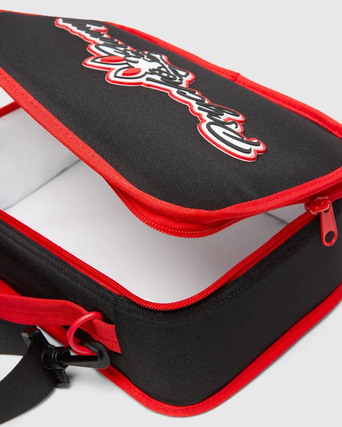 Black Kids Pal Lunch Box with red piping and zipper, featuring a large 3D white and red Psycho Bunny logo on the top, and an adjustable black strap.