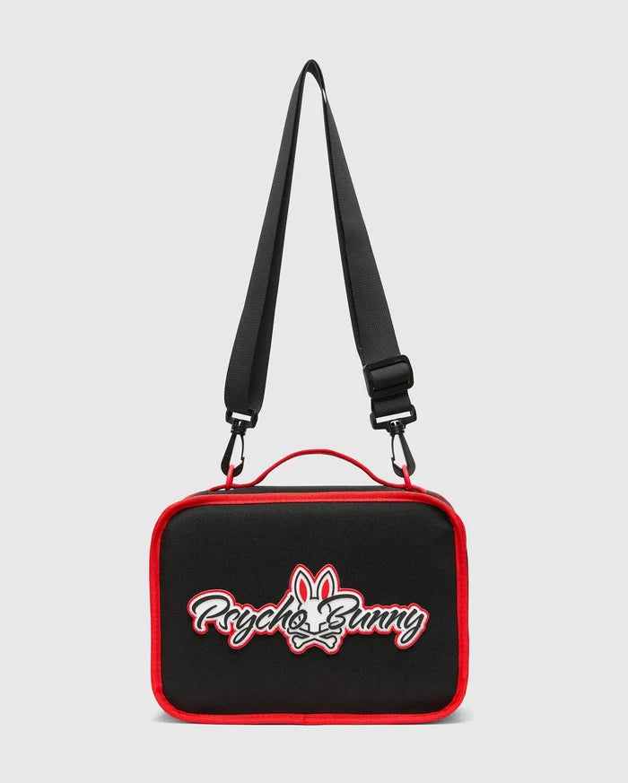Kids Pal Lunch Box, black with vibrant red piping, featuring a prominent white and red embroidered Psycho Bunny skull logo on the front, complete with an adjustable black strap and red carry handle.