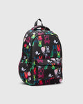 Kids Quintin Backpack, black durable fabric with a bold, all-over neon graffiti print featuring various Psycho Bunny skull and bunny outline logos, plus colorful paint splatters.