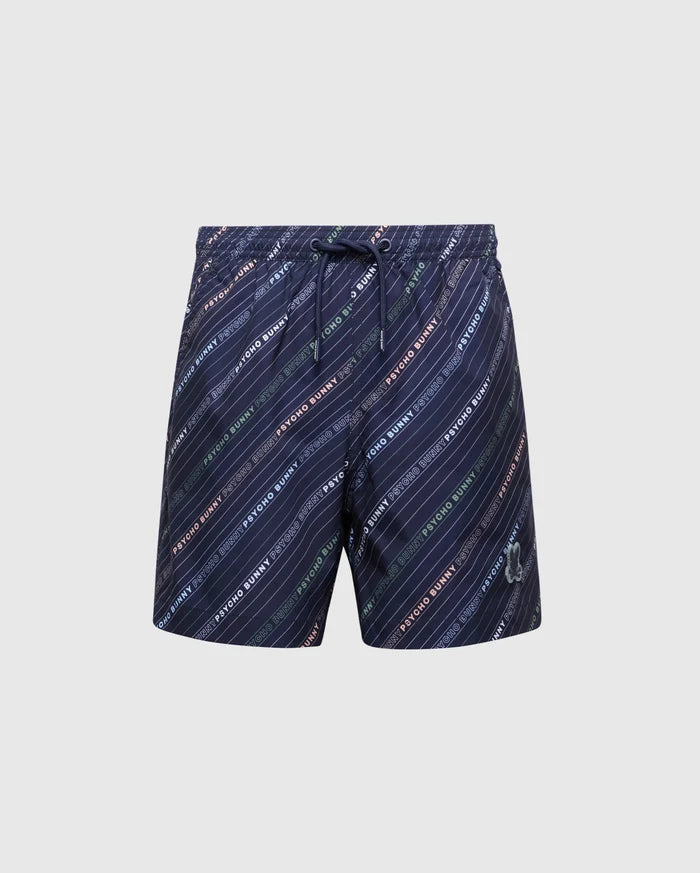 The Psycho Bunny KIDS RENMARK PB PRINTED SWIM TRUNK - B0W622F200 are navy blue polyester stretch shorts with a drawstring waistband. They feature colorful diagonal stripes and the words "retro blend" in white, green, blue, and red, along with an embroidered logo on the lower left leg.