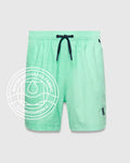 Kids Samos Hydrochromic Printed Swim Trunk in mint green, featuring a subtle hydrochromic bunny skull pattern that appears when wet, dark blue drawstring, and small embroidered Psycho Bunny logo on the left leg.