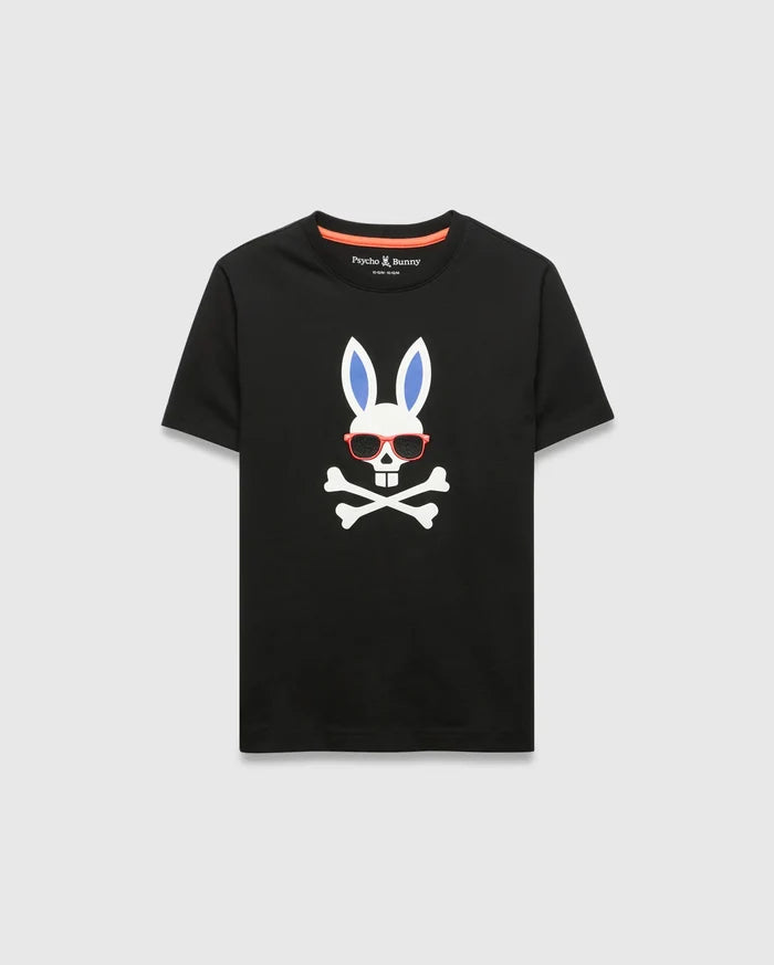 Black Kids Sunny Graphic Tee, classic fit, smooth jersey, featuring a large white Psycho Bunny skull with blue ears, red sunglasses, and crossbones graphic print on the chest, with orange neck tape.