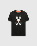 Black Kids Sunny Graphic Tee, classic fit, smooth jersey, featuring a large white Psycho Bunny skull with blue ears, red sunglasses, and crossbones graphic print on the chest, with orange neck tape.