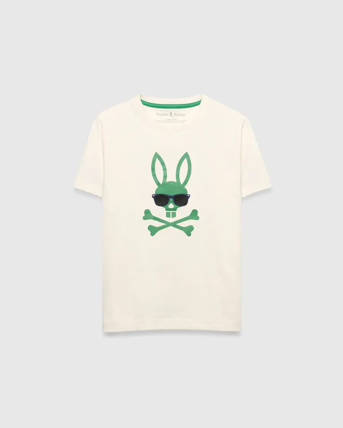 Kids Sunny Graphic Tee, cream classic fit jersey t-shirt featuring a large green Psycho Bunny skull and crossbones graphic with dark sunglasses on the center chest and green inner neckline trim.