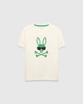 Kids Sunny Graphic Tee, cream classic fit jersey t-shirt featuring a large green Psycho Bunny skull and crossbones graphic with dark sunglasses on the center chest and green inner neckline trim.
