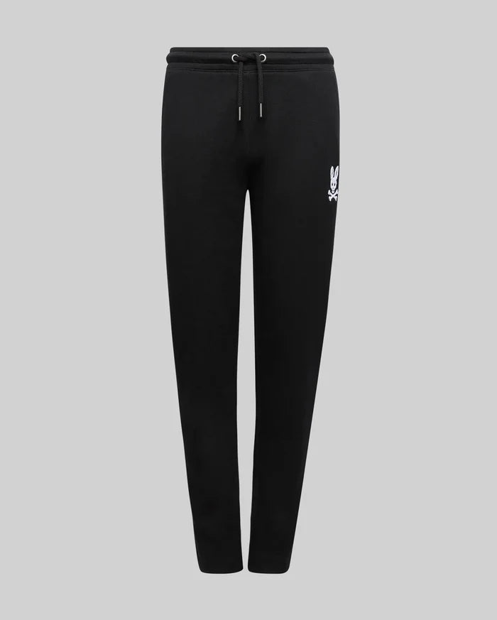 Black Kids Tate Chenille Sweatpant with a relaxed fit, featuring a white embroidered Psycho Bunny skull logo on the left thigh and a black drawstring waist.