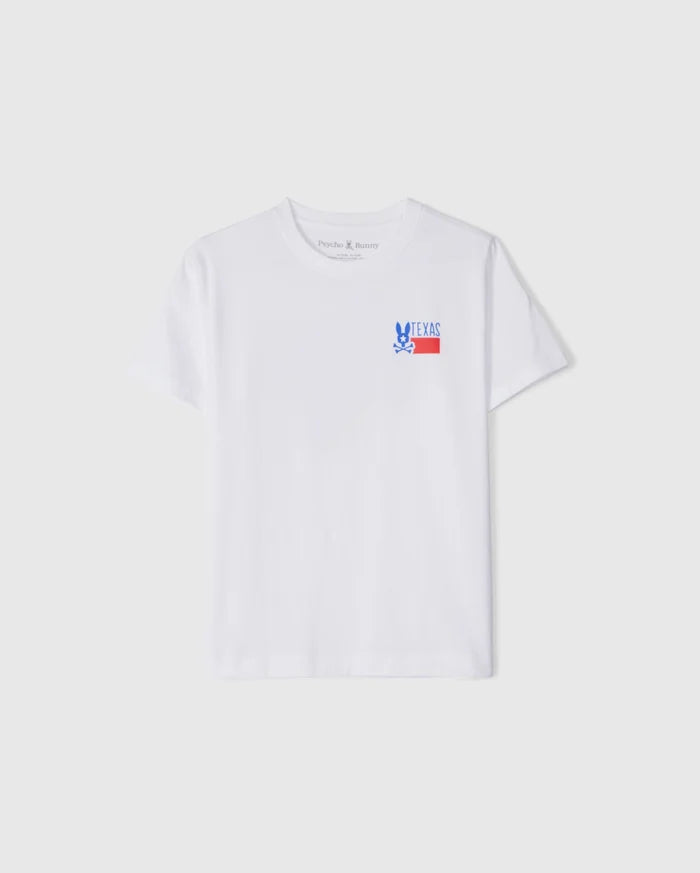 The KIDS TEXAS CITY TEE by Psycho Bunny, model B0U553B2PC, is a white tee made from soft Peruvian Pima cotton. It features a vibrant blue bunny graphic and "TEXAS" in blue and red on the left chest, with short sleeves and a round neckline, ideal for Texas city style fans.