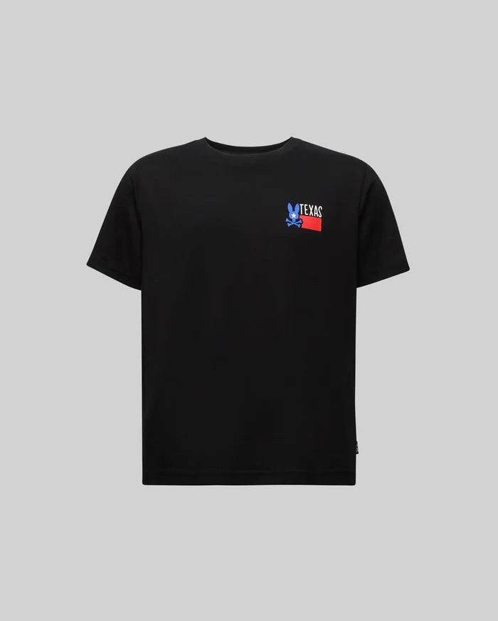 The Psycho Bunny KIDS TEXAS TEE (B0U553W1PC) is a black short-sleeve Pima cotton t-shirt with a small Bunny graphic and "TEXAS" in white beside a red rectangular shape on the left chest.