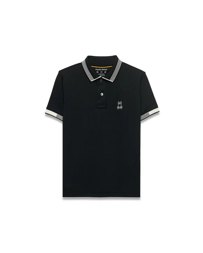 Kids Timmy Pique Polo, black classic fit pique polo with white striped collar and cuffs, featuring a small white embroidered Psycho Bunny skull logo on the left chest.