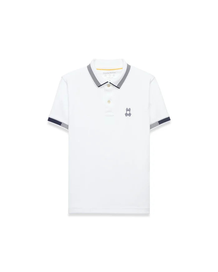 Kids Timmy Pique Polo, white classic fit pique polo with navy striped collar and sleeve cuffs, featuring a small embroidered navy Psycho Bunny skull logo on the left chest.